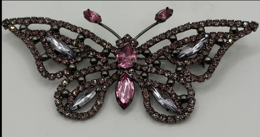 Vintage Butterfly Brooch Pink Rhinestone Crystal Silver Tone Pin
