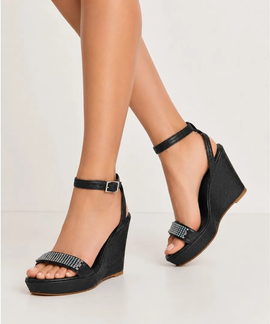 Dena Pavone Wedge Sandals Women Black Rhinestone Italian Luxury Glam Disco Size 8