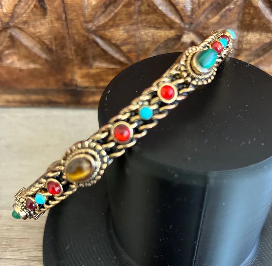 Bracelet tiger eye Turquoise gems goldtone thin 3” Gold