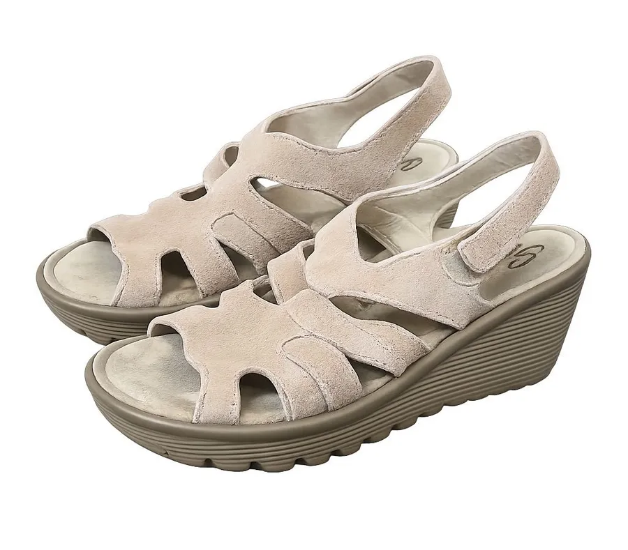 Skechers Memory Foam Wedge Sandals Taupe Suede Slingback Comfort Womens