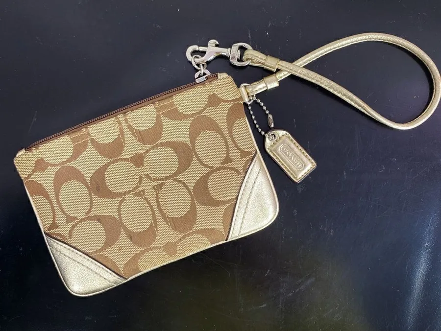 Coach Signature Canvas Leather Wristlet Bag Beige Gold