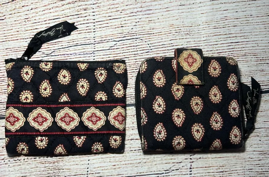 Vera Bradley Classic Black Wallet Bifold Snap & Zip Change Purse Set Paisley