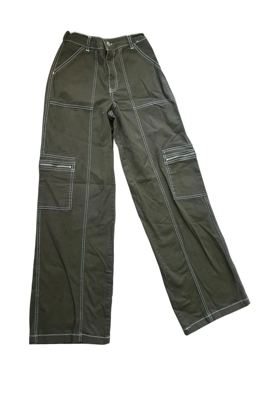 Rachel Paige Wide Leg Cargo Pants with Contrast Stitching — Olive Green