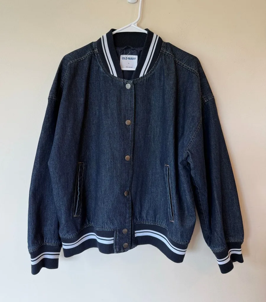 Old Navy Bomber Jacket Women's Size Large Blue Denim Long Sleeves Striped