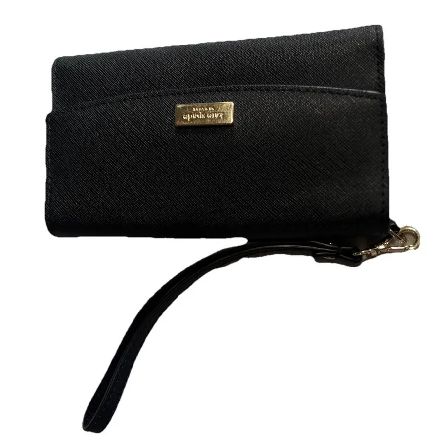 Kate Spade Black Wristlet Wallet Gold Hardware Logo 6.5x3.5 EUC