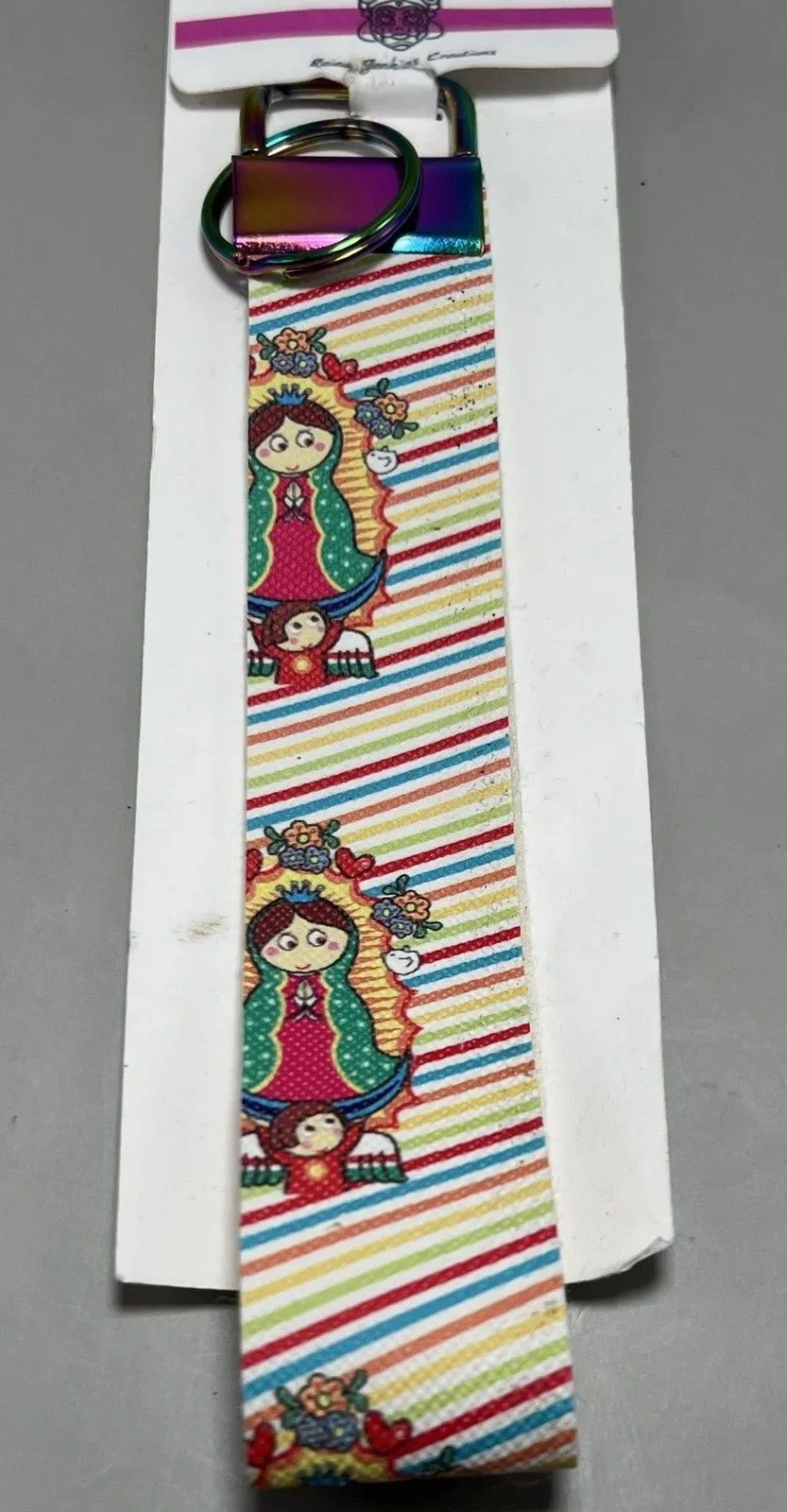 Reina Jenkins Creations Rainbow Wristlet Keychain Key Fob Virgin Mary Striped