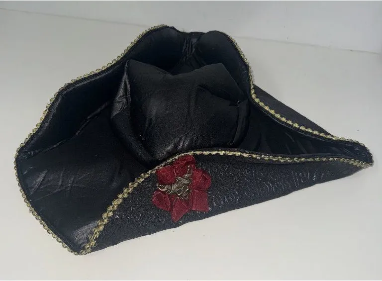 Faux Leather Pirate Tricorn Hat Black Gold Trim Skull Cockade Cosplay Adult S