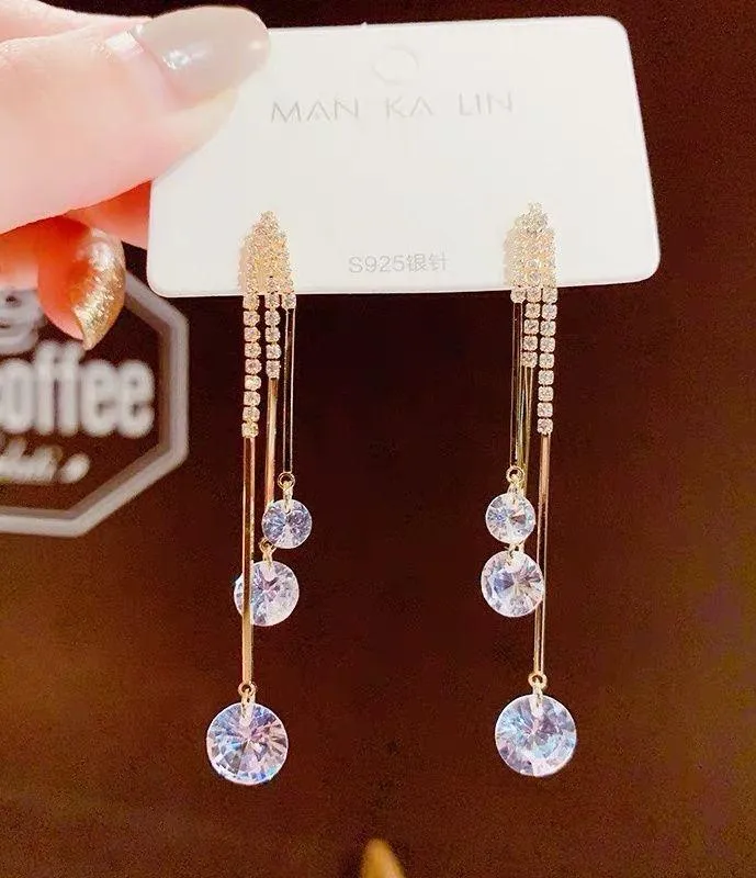 Crystal Long Tassel Dangle Drop Earrings for Women Gold
