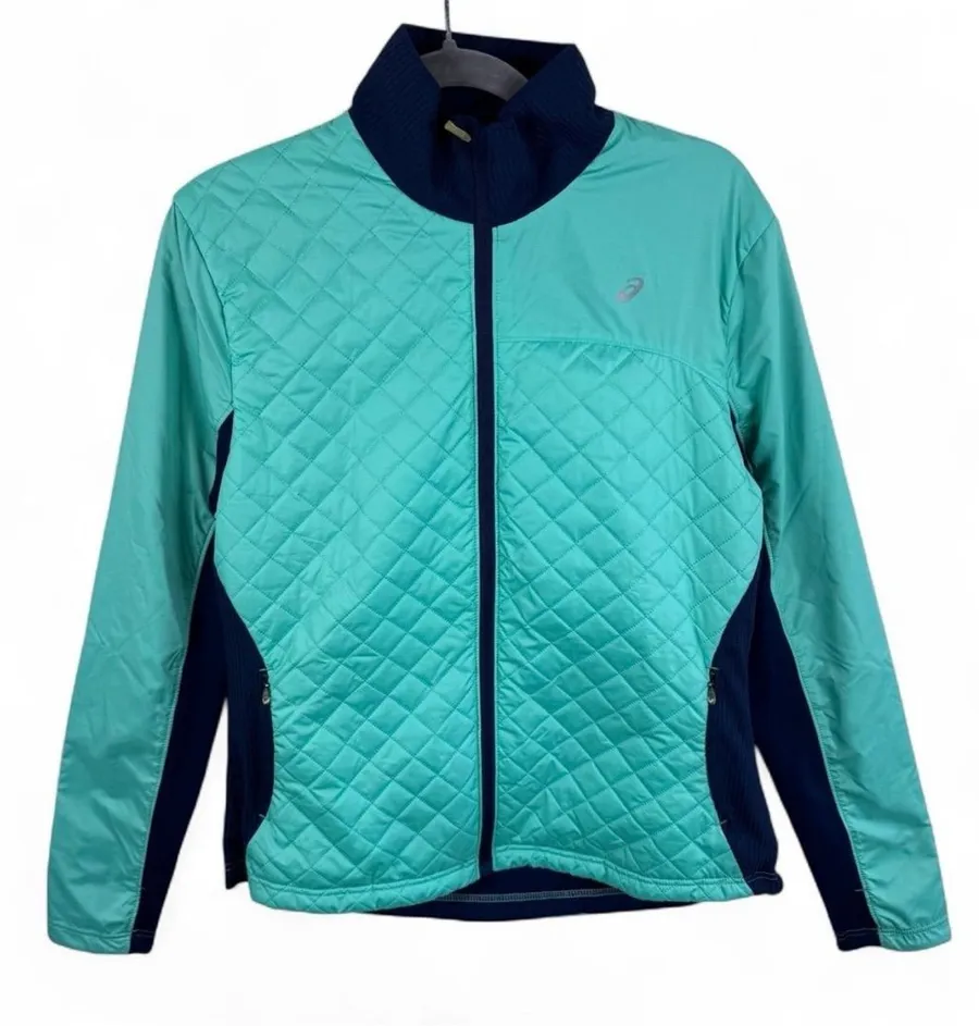 Asics Womens Size Large Quilted Hybrid Running Jacket Aqua Navy Blue Full Zip