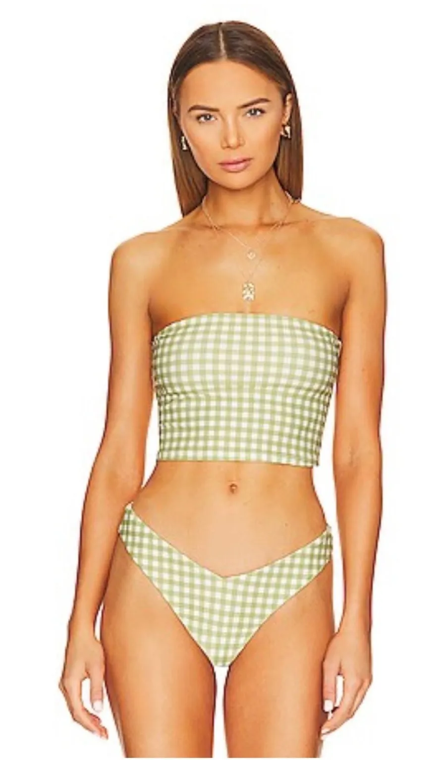 WeWoreWhat Tube Bikini Top in Gingham Fern Bandeau Green White Strapless Large