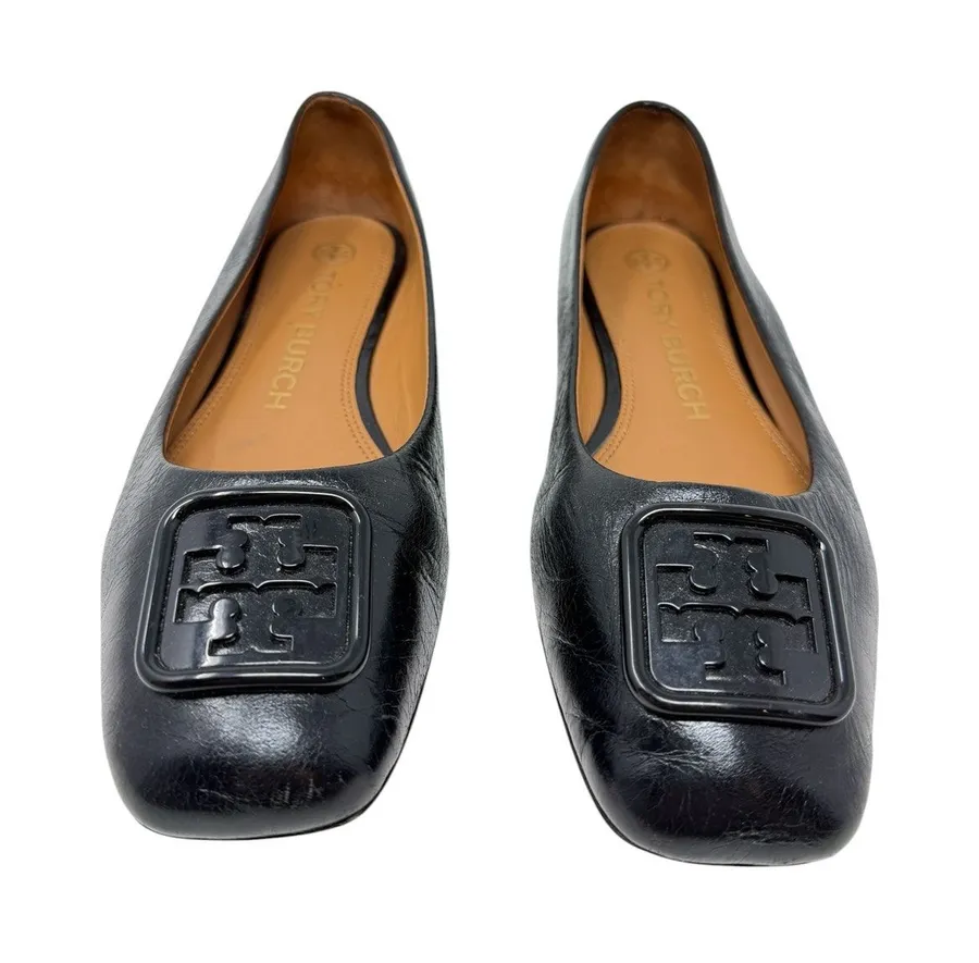 Tory Burch Georgia Ballet Flats Wrinkle Leather Square Toe Black Shoes 7.5