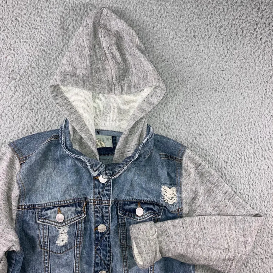Hooded Denim Jacket Juniors M Distressed Mixed Media Blue y2k Edgy Women Small