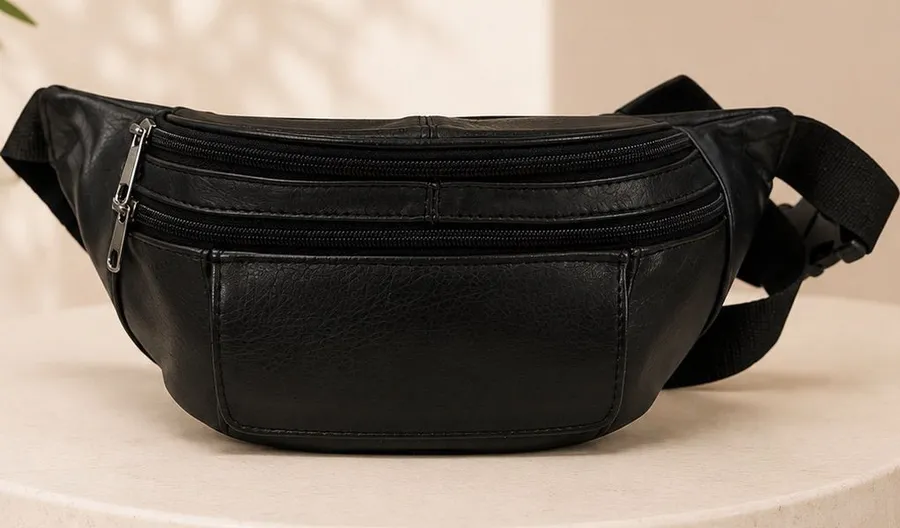 Genuine Leather Black Fanny Pack Belt Bag Crossbody Waist Pack Multi Zip Travel