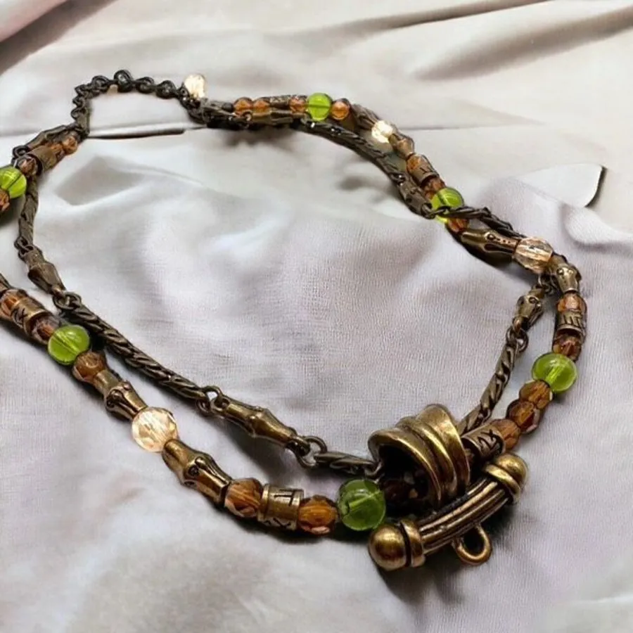 Chico’s Layered green Stone Layered bronze Tone Necklace Career multi-strand