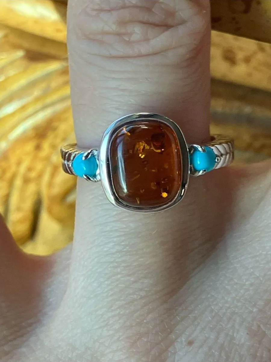 Baltic Amber Sleeping Beauty Turquoise Sterling Silver Ring Size 7 Orange