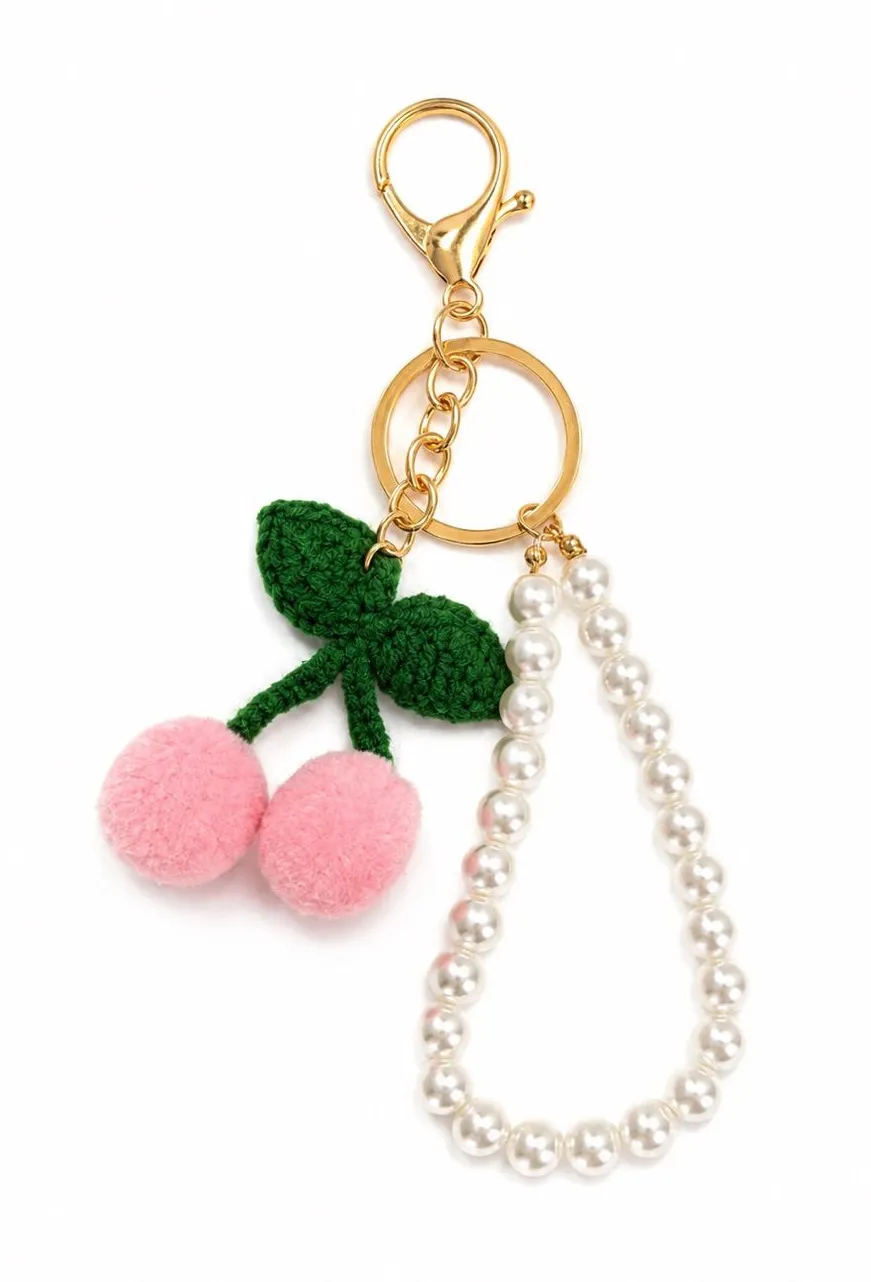 Princess Accessories Gold Pearl Wristlet Keychain with Pink Pom Cherry Charm