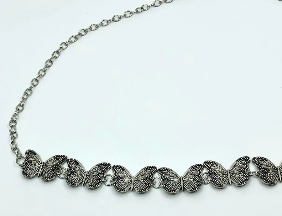 Vintage Y2K Silver Butterfly Chain Belt, Fits 12–36 Inches, X7GA1225