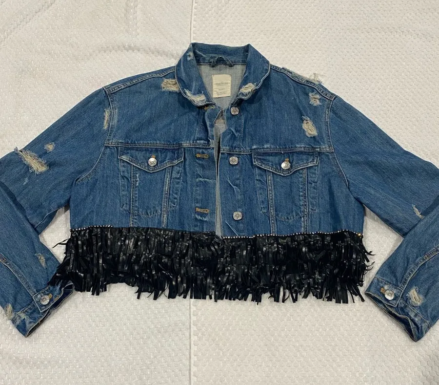 Zara Light Blue Distressed Denim Jacket with Black Fringe Detail
