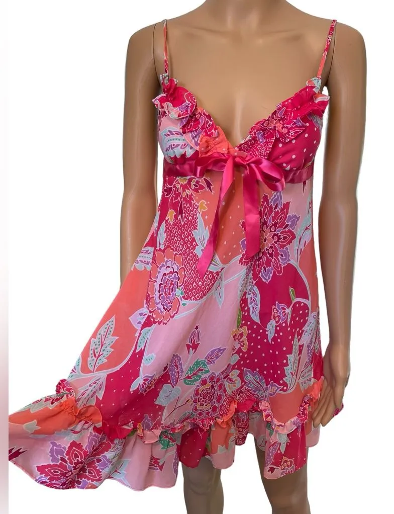 Avon Intimates Pink Eclectic Boho Hippie Barbie Ruffle Lingerie Mini Slip Dress