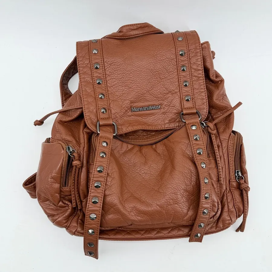 Montana West Brown Faux Leather Studded Backpack Purse Western Boho Bag