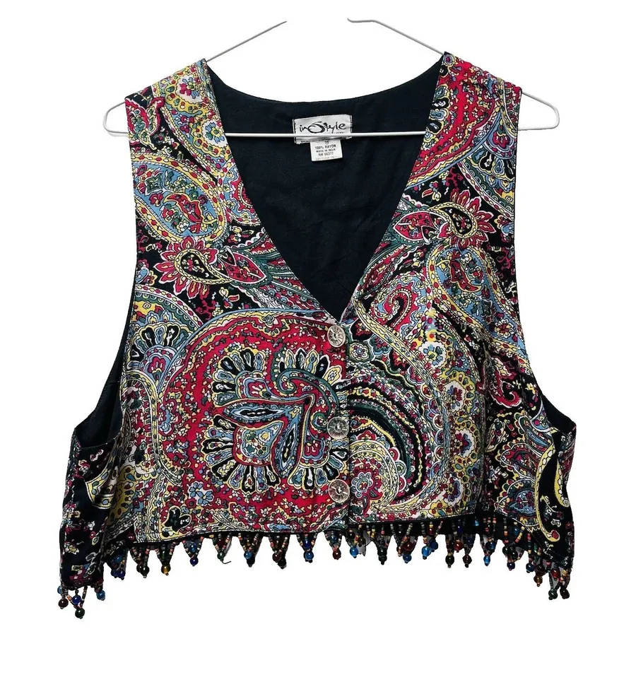 In Style New York M Beaded Midriff Vest Y2K Boho Gypsy Renaissance Cosplay Fairy Black Size M