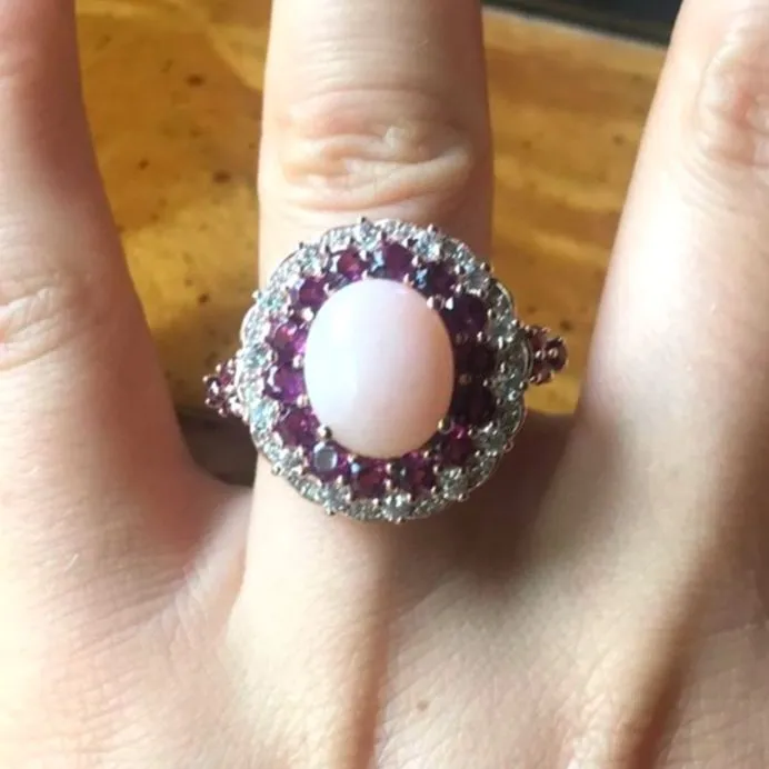 Peruvian Pink Opal Garnet Sterling Silver Cocktail Ring Size 8