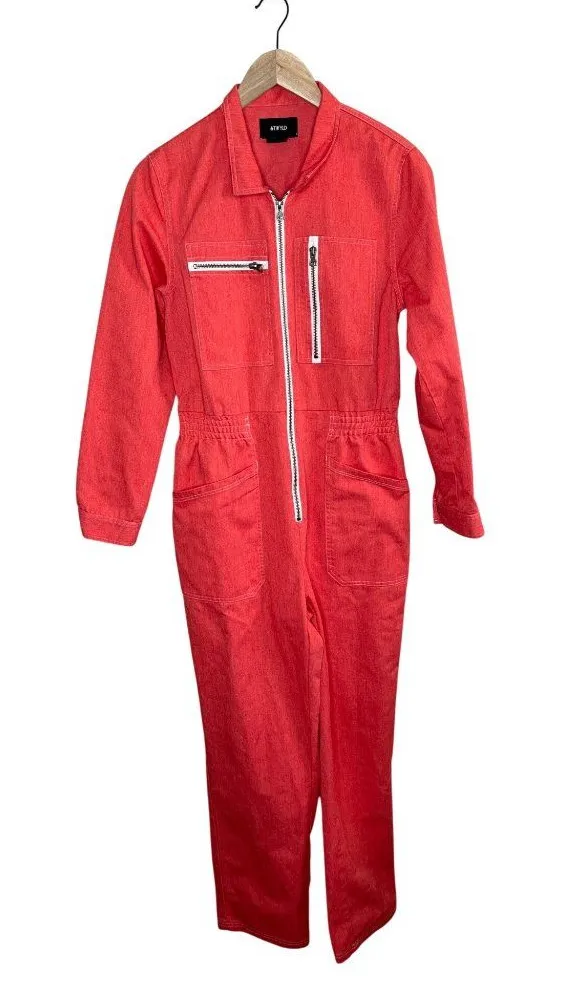Atwyld Womens Red Cadet Denim Utility Cotton Jumpsuit Medium
