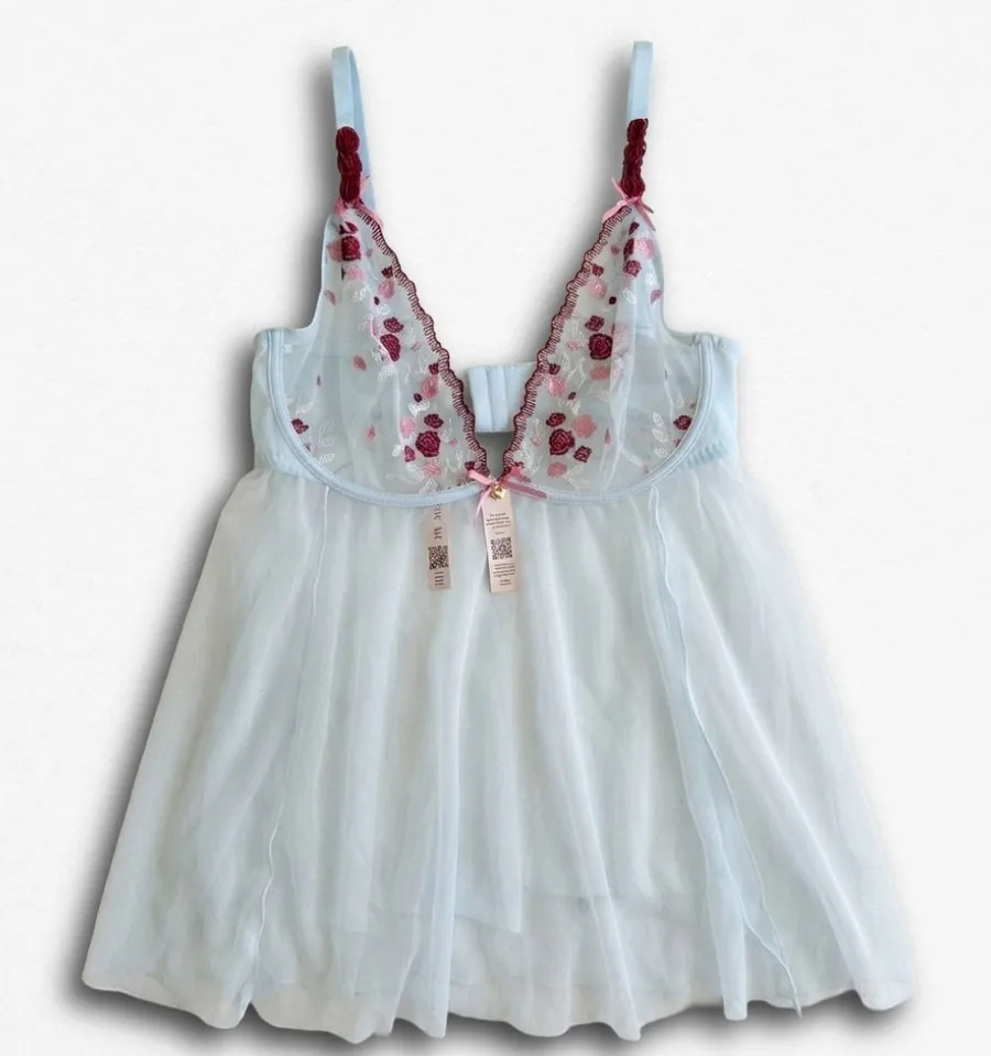 Adore Me Blue Floral Embroidered Mesh Babydoll Chemise Lingerie 38DD