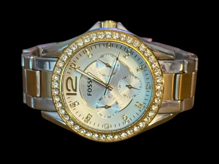 Fossil Riley Multifunction two tone stainless steel bling watch