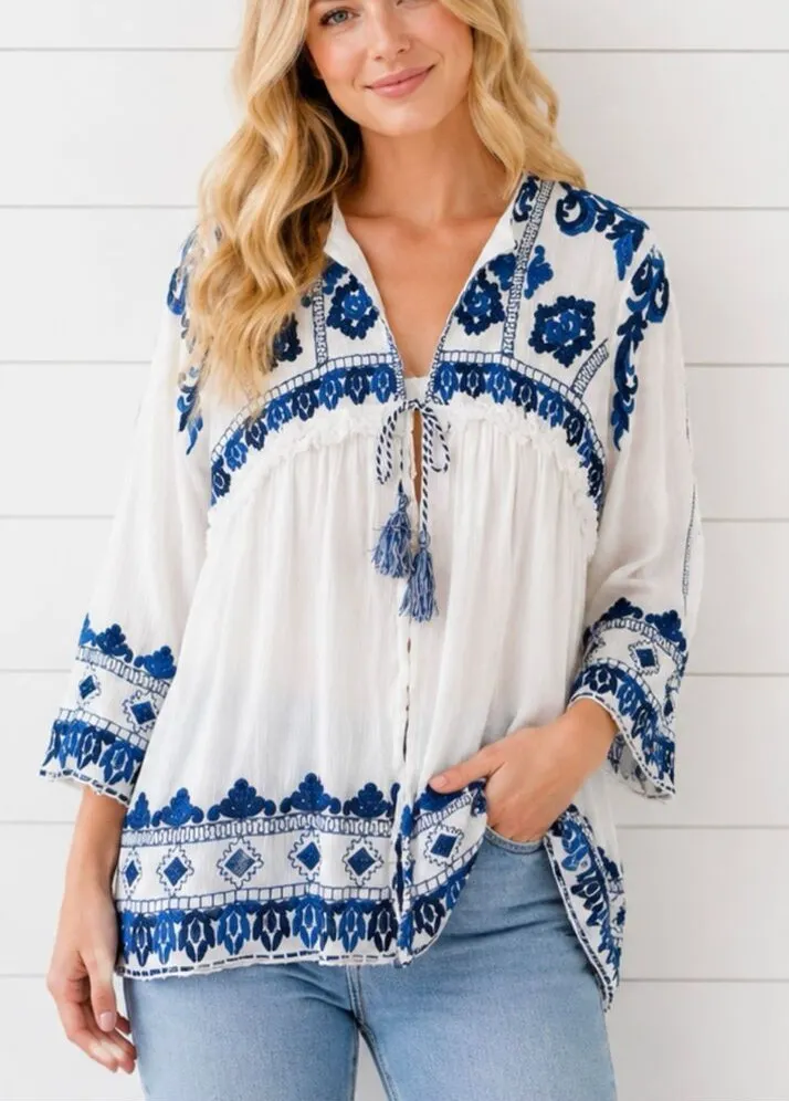 Goodnight Macaroon white blue embroidered tie neck boho cardigan size small