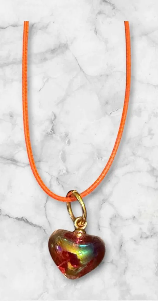 Iridescent Heart Pendant Necklace in Orange
