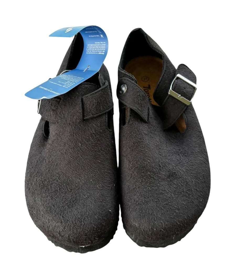Torotto Black Felt Clog Mules Women 6.5 EU 37 Cork Footbed Buckle Strap New