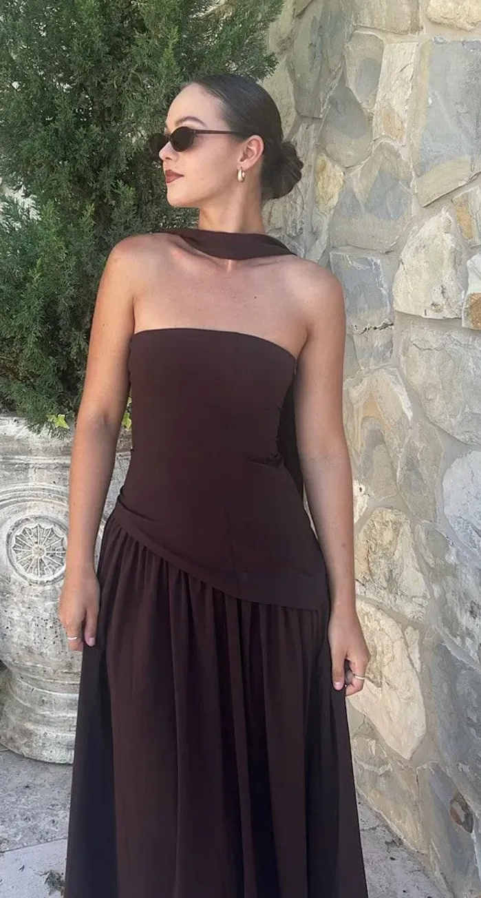 PRINCESS POLLY Odela Strapless Drop Waist Maxi Dress Chocolate Size 6