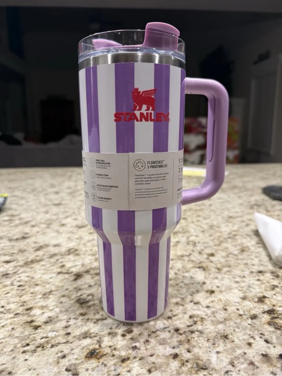 Stanley Tumbler The Quencher H2.0 Purple Striped With Handle Lid 40oz