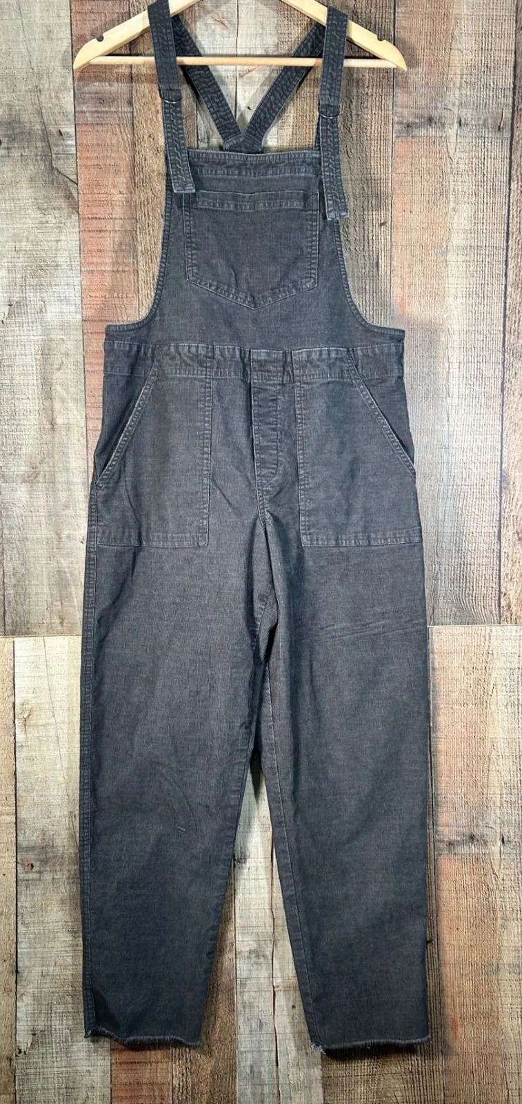 Aerie Charcoal Gray Corduroy Overalls Relaxed Straight Leg Raw Hem Small S