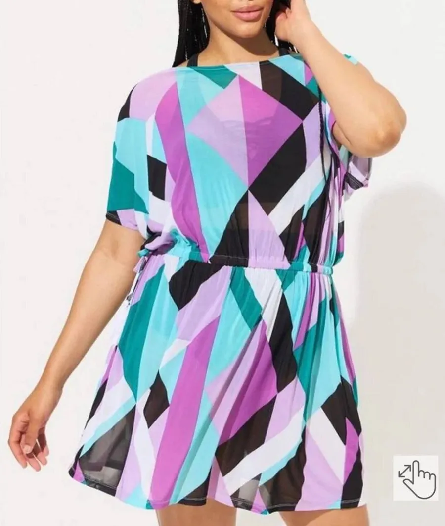 Torrid 2X Swim Coverup Dress Geometric Mesh Elastic Waist Tassel Purple Black
