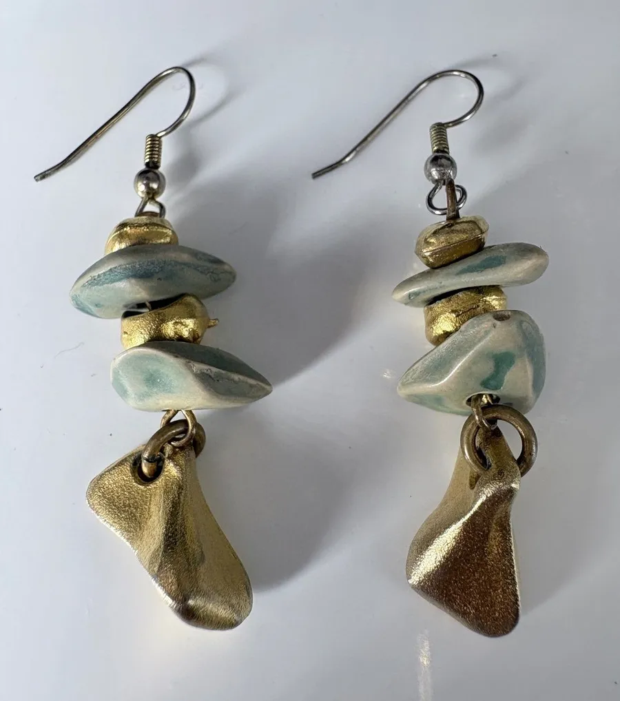 Aqua Cream Beaded Gold Tone Dangle Drop Earrings Artisan Green