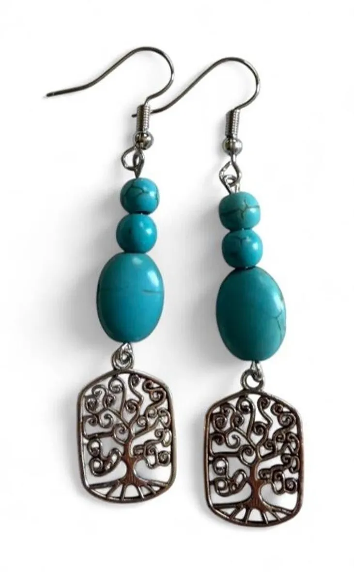 Handmade Turquoise & Silver Tree of Life Drop Earrings