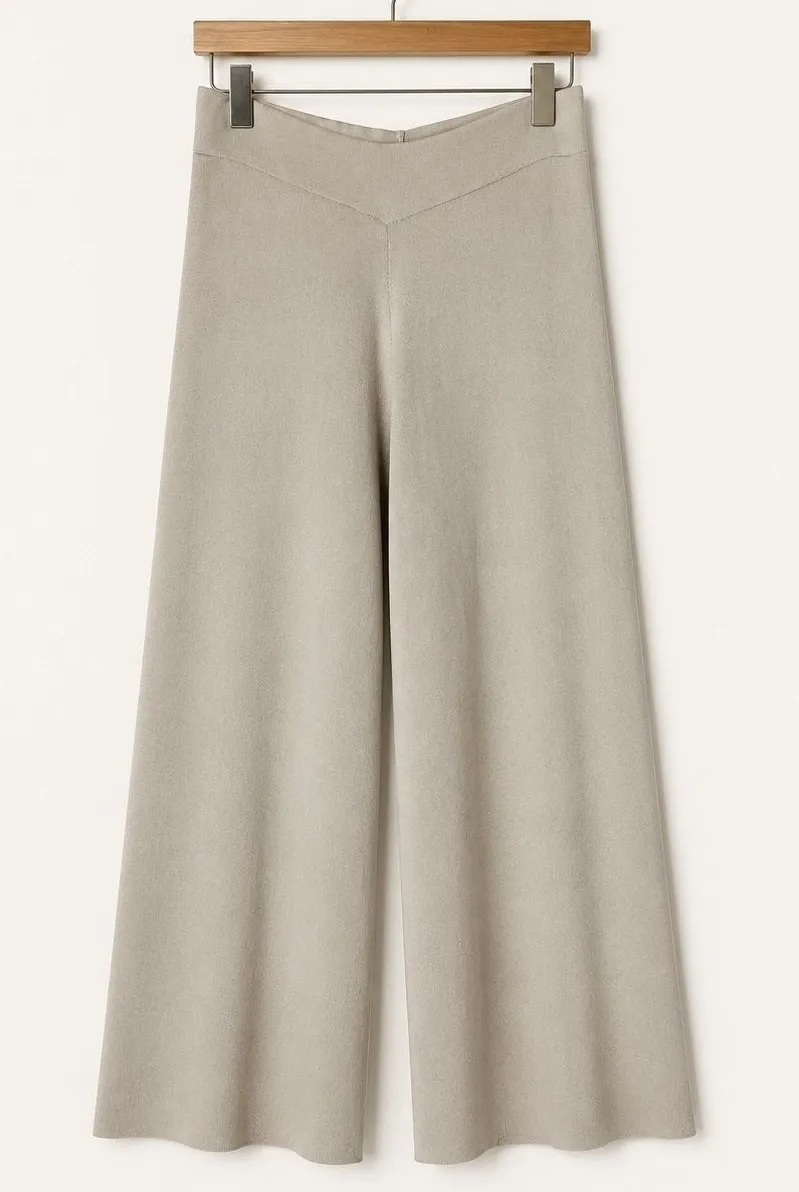 Zara Knit Wide Leg Pants Women Small Beige V Waist High Rise Athleisure Preppy