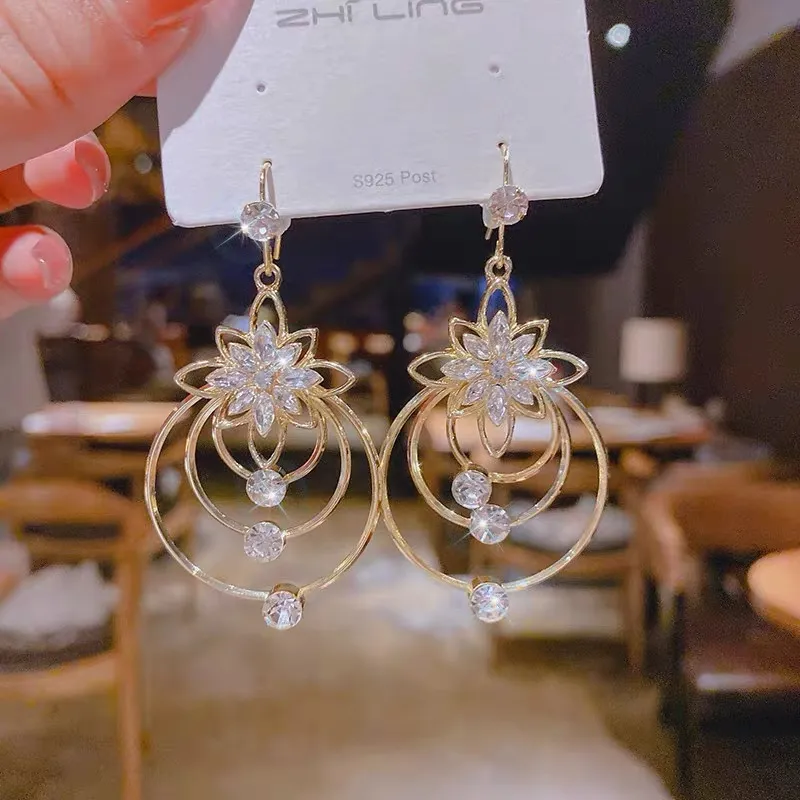 Crystal Flower Dangle Drop Earrings for Women Gold