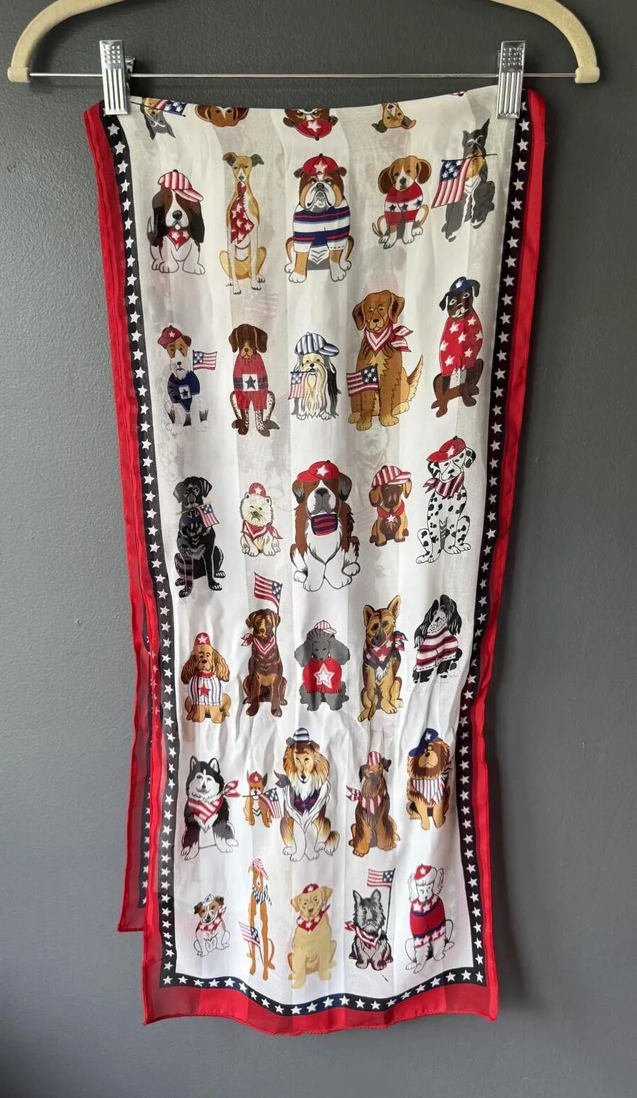 Patriotic Dog Print Scarf with Red and Navy Star Border
