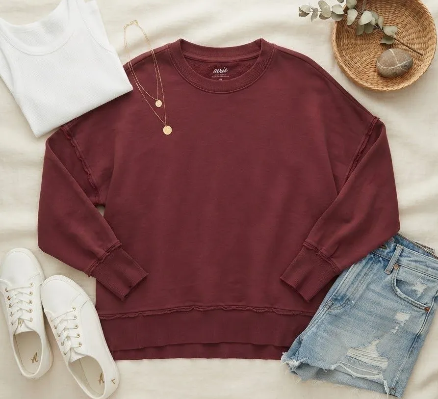 Aerie Women Burgundy Oversized Raw Edge Seam Crewneck Sweatshirt Medium Maroon