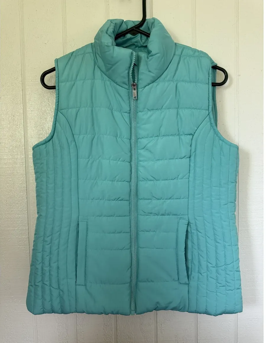 New York & Company Womens Aqua Blue Quilted Puffer Vest Full Zip Small