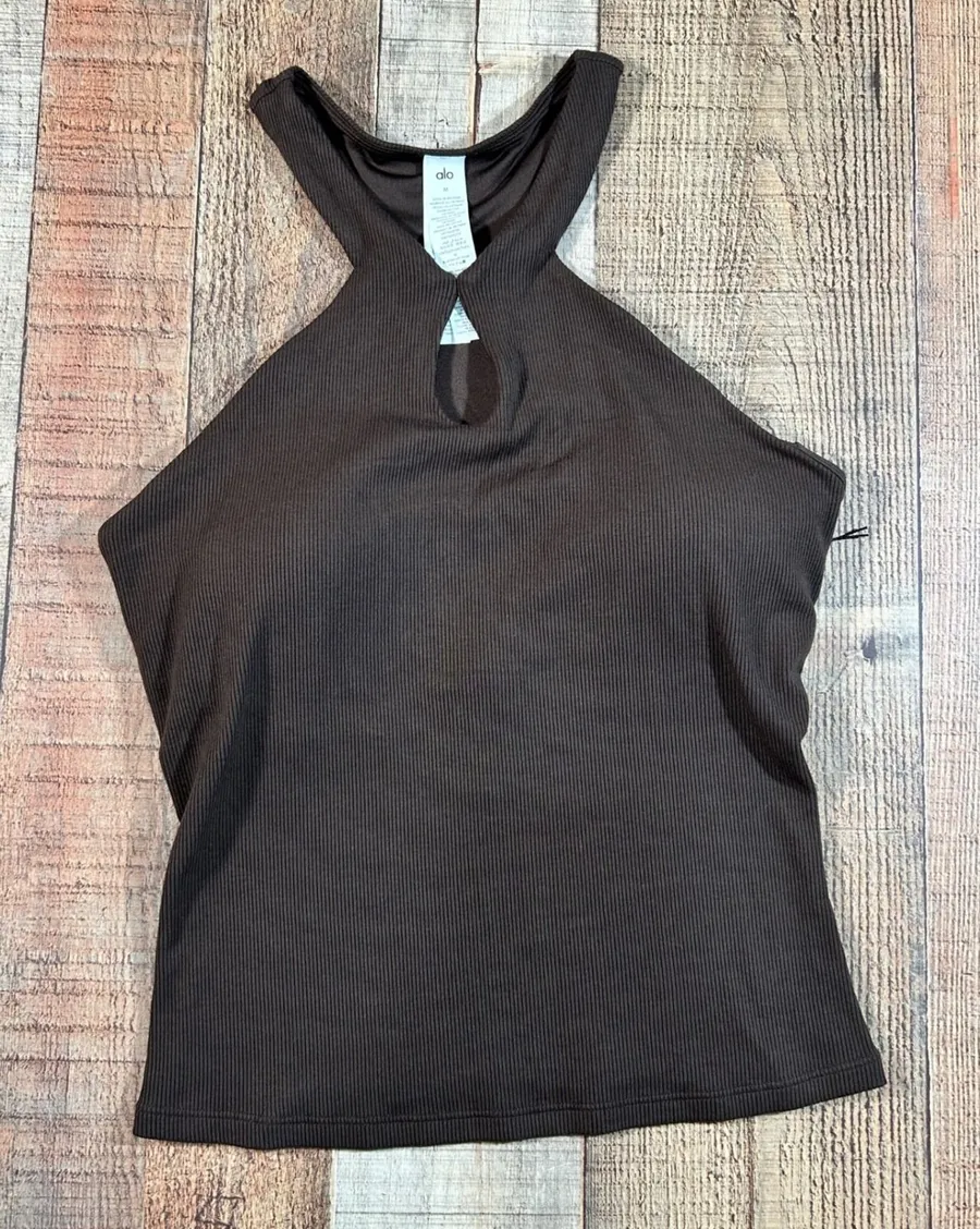 Alo Yoga Espresso Brown Ribbed Mesmerize Bra Tank Keyhole Halter Top Medium NWT