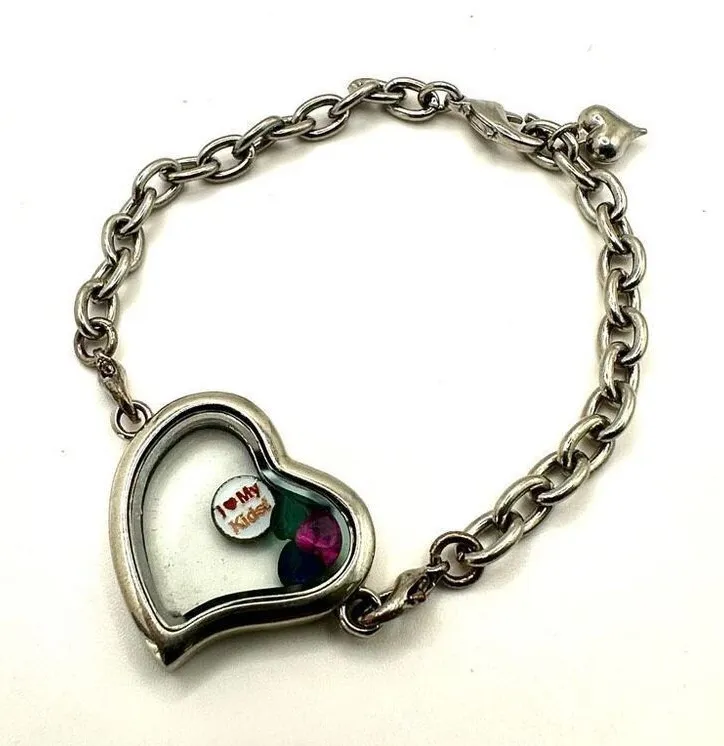 Heart I love my kids floating charms locket glass bracelet