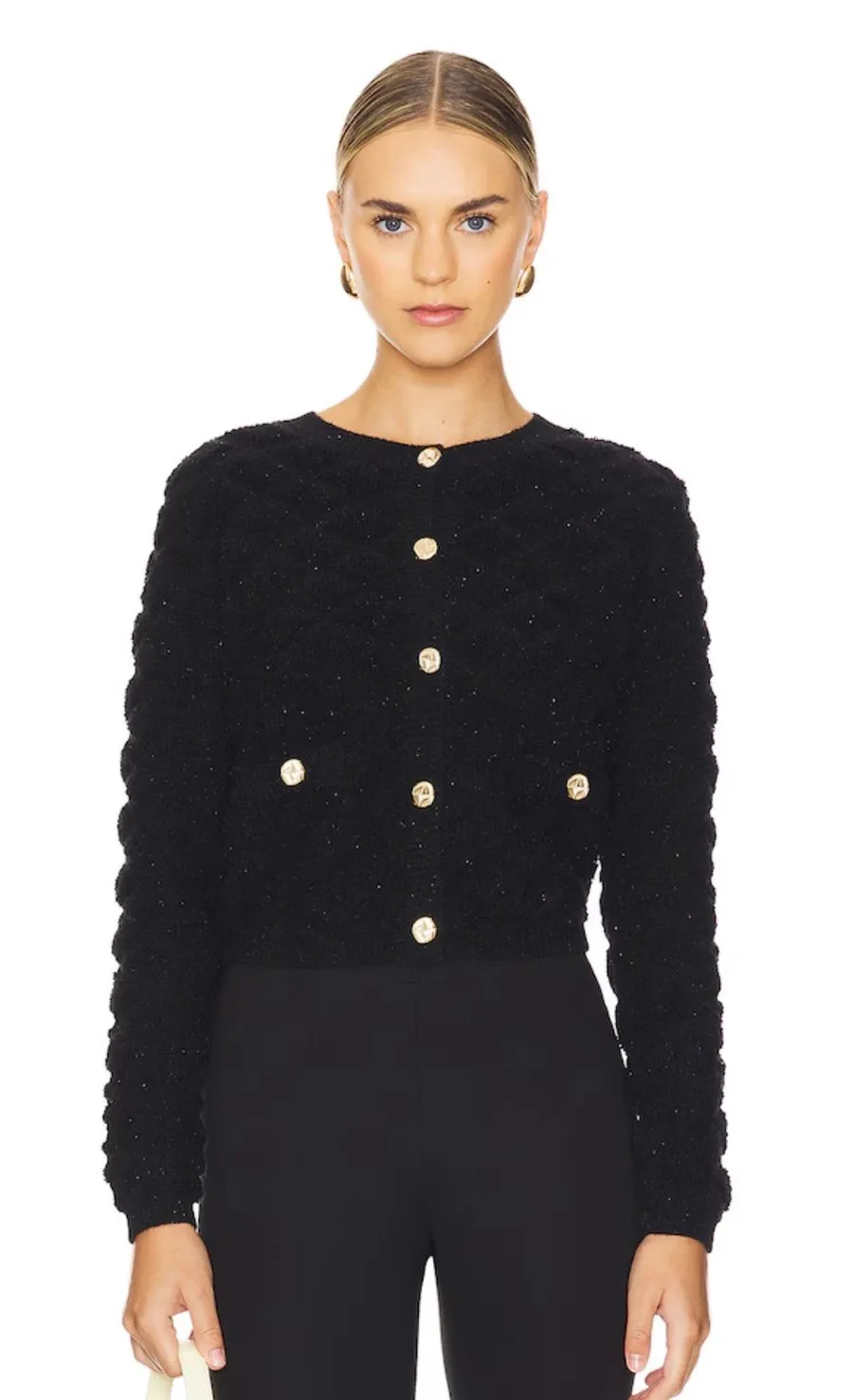 Line & Dot Black Textured Knit Cardigan with Gold Buttons