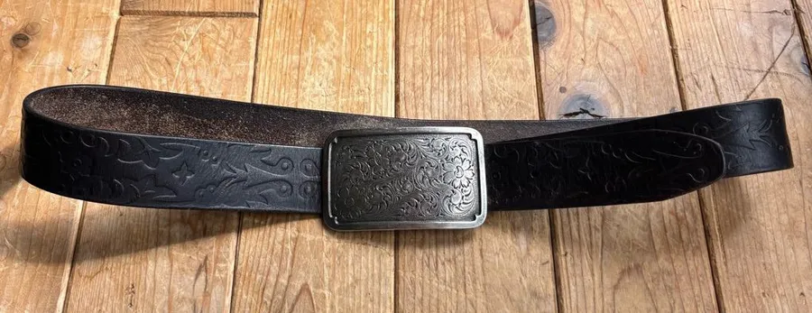 Fossil Black Tooled Leather Belt with Engraved Buckle