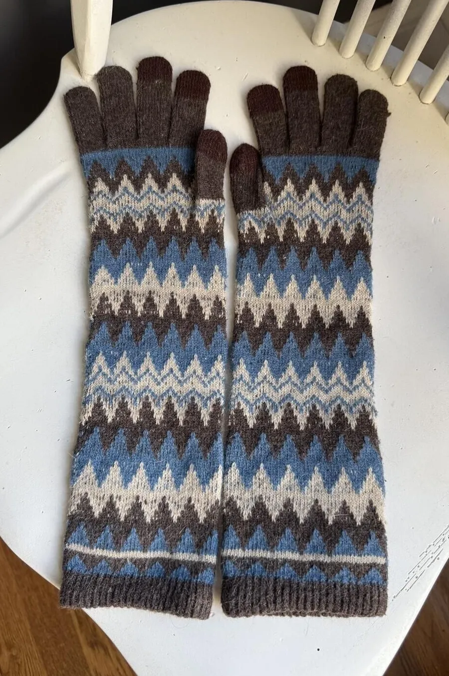 Long Knit Patterned Angora Blend Gloves with Finger Coverage Brown