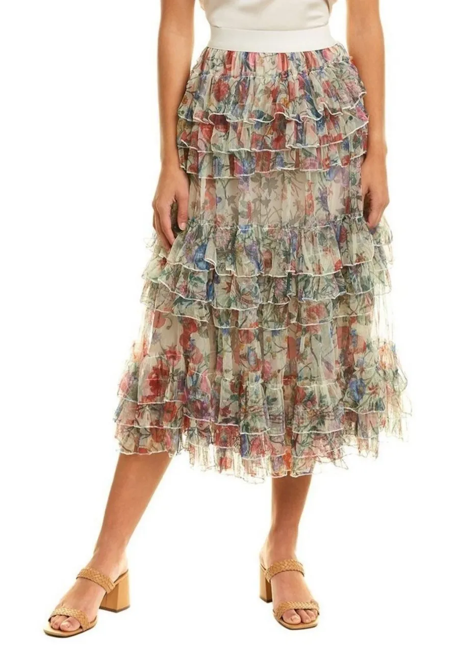 Beulah Style Floral Mesh Tiered Ruffle Skirt L NWT Romantic Cottagecore