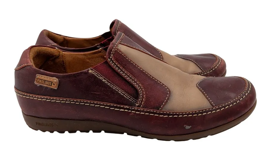Pikolinos Lisboa Burgundy Tan Leather Colorblock Slip On Loafers 39 Womens 8.5
